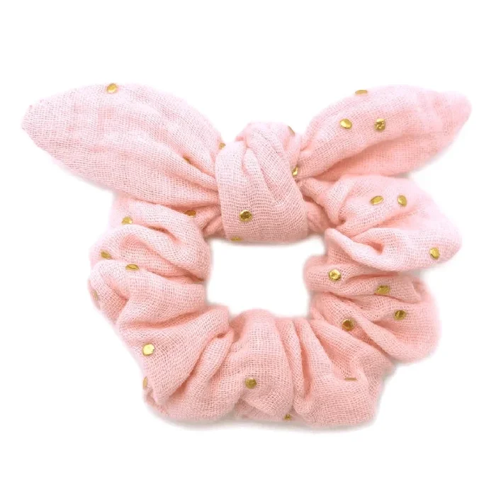 BB & Co Scrunchie with bow – gauze pink blush gold dots