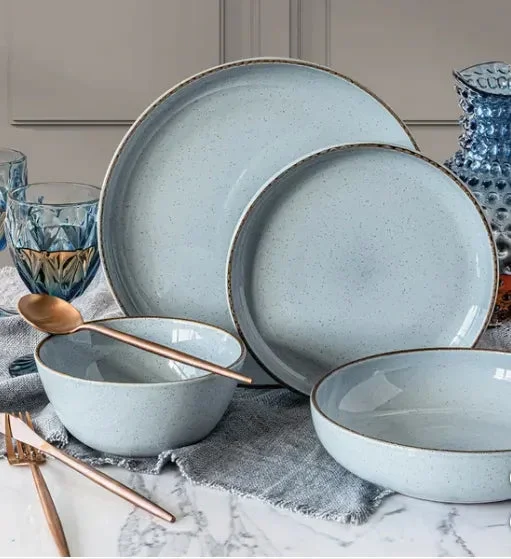 Blue Linen Round Stoneware 16-Piece Dinnerware Set