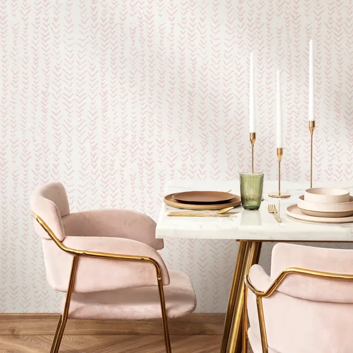 Boho Wallpaper With A Hand-drawn Herringbone Motif In Soft Pink – Zadc