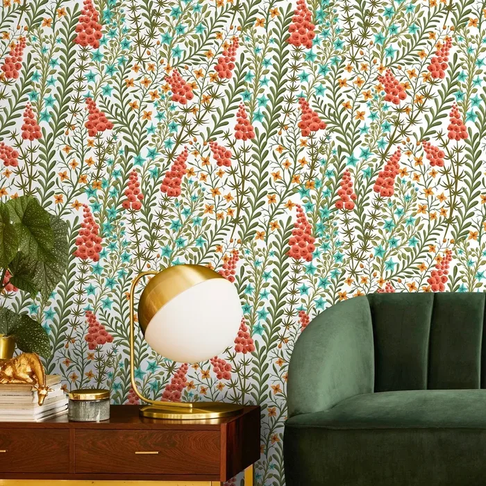 Botanical Wallpaper Featuring Climbing Wildflowers In Red, Green, And Teal – A127