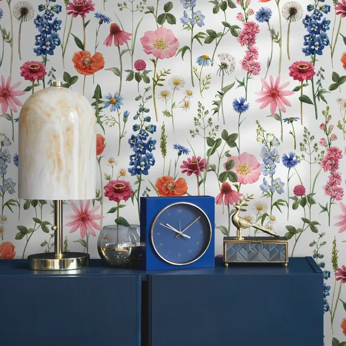 Botanical Wallpaper With A Colorful Wildflower Meadow In Pink, Blue, And Red – C802