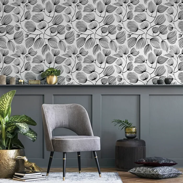 Botanical Wallpaper With A Flowing Line Art Leaf Motif In Black And White – C680