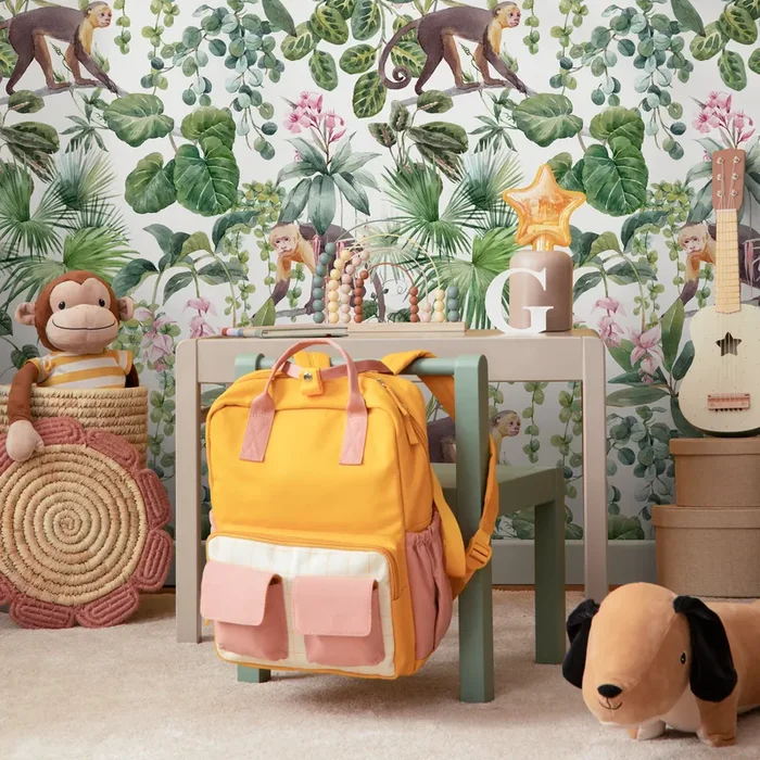 Botanical Wallpaper With A Monkey And Jungle Motif In Green, Brown, And Pink – C797