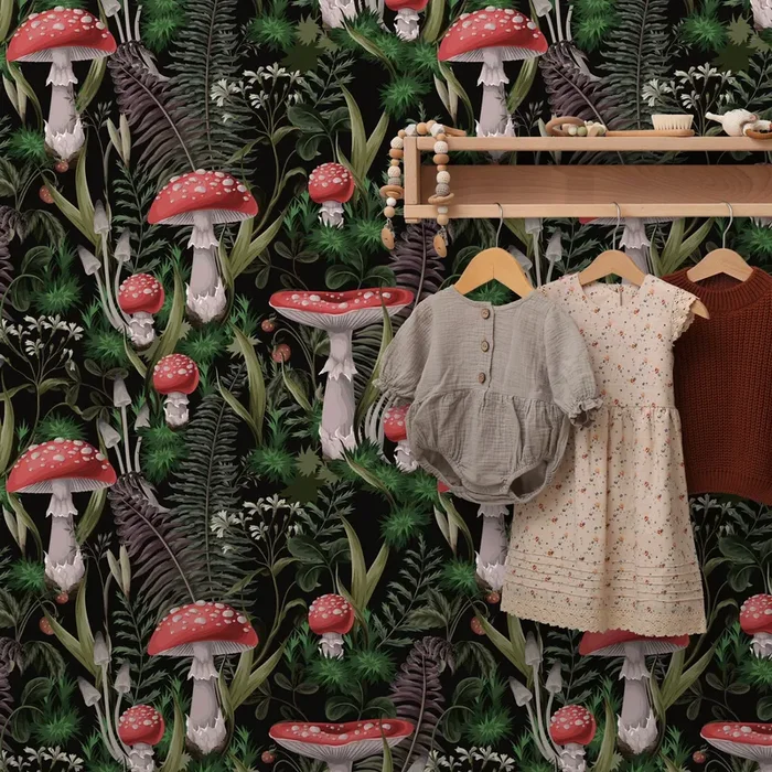 Botanical Wallpaper With A Mushroom And Fern Motif In Black, Red, And Green – D921