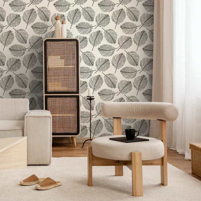 Botanical Wallpaper With A Stamped Leaf Motif In Black And Off-white – C201