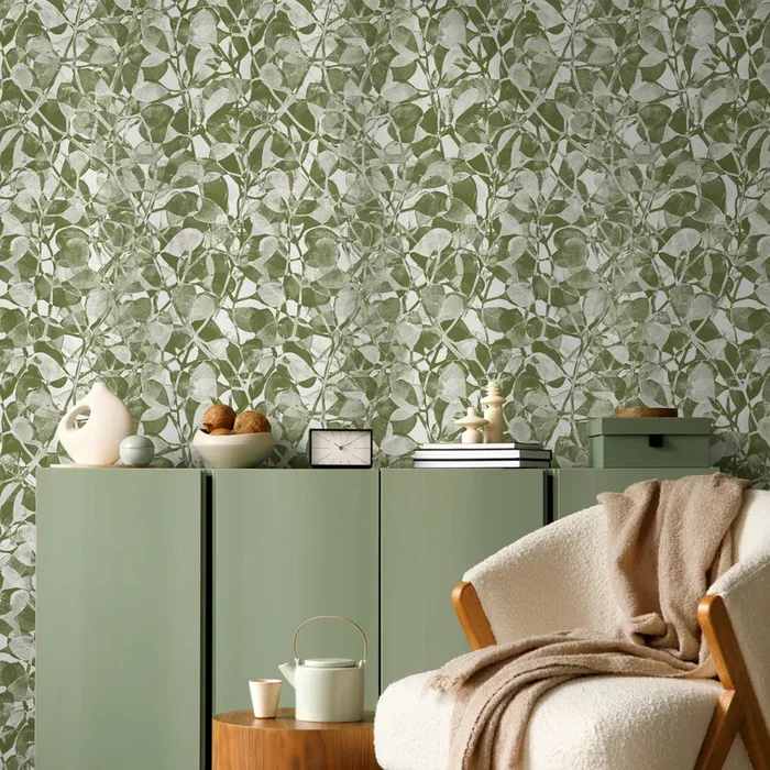 Botanical Wallpaper With A Stamped Leaf Motif In Green And Light Grey – C874