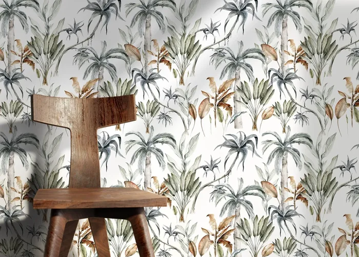 Botanical Wallpaper With A Watercolor Jungle Motif In Green, Blue, And Brown – D540