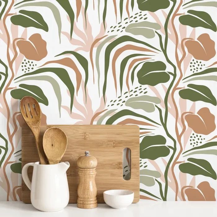 Botanical Wallpaper With Abstract Tropical Leaves In Green, Terracotta, And Pink – D719