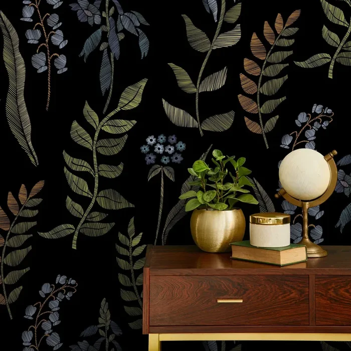 Botanical Wallpaper With An Embroidered Leaf Motif In Green, Blue, And Copper – A656