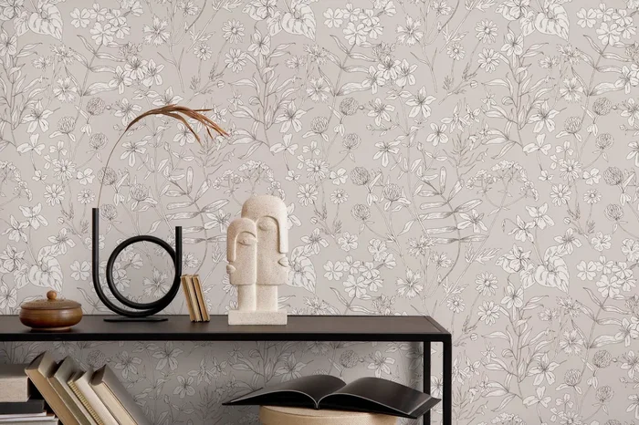 Botanical Wallpaper With Hand-drawn Wildflowers In Beige And Brown – D308