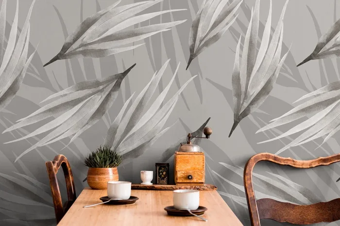 Botanical Wallpaper With Layered Watercolor Leaves In Gray And Black – X018