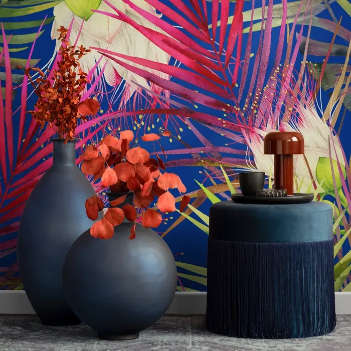 Botanical Wallpaper With Pop Art Flowers In Blue, Pink, And Green – B049