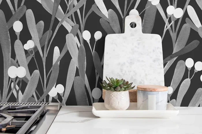 Botanical Wallpaper With Stylized Mistletoe Leaves In Black And Gray – X061