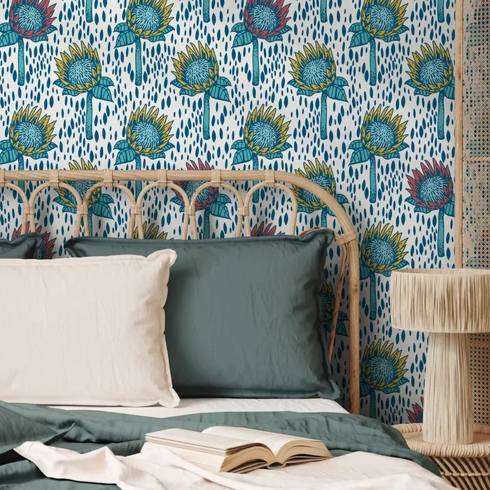 Botanical Wallpaper With Stylized Protea Flowers In Blue, Yellow, And Red – B550