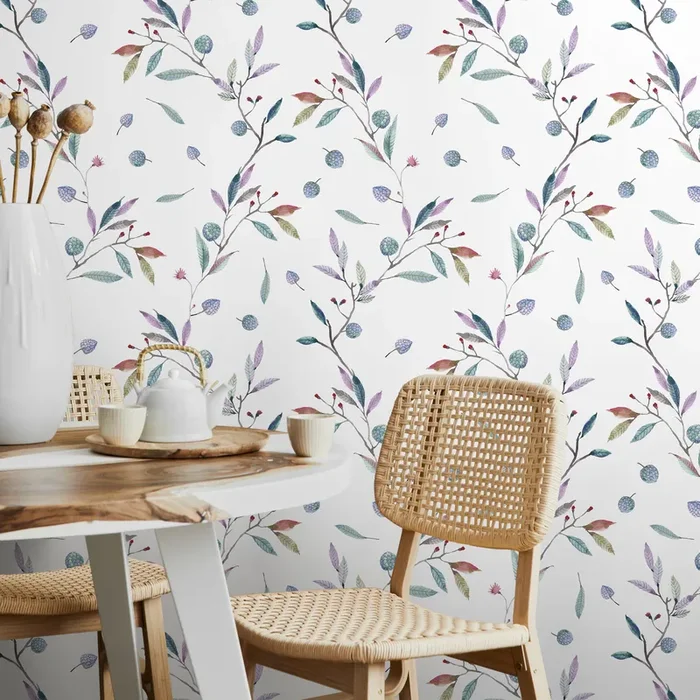 Botanical Wallpaper With Watercolor Berry Branches In Blue, Purple, And Red – A391