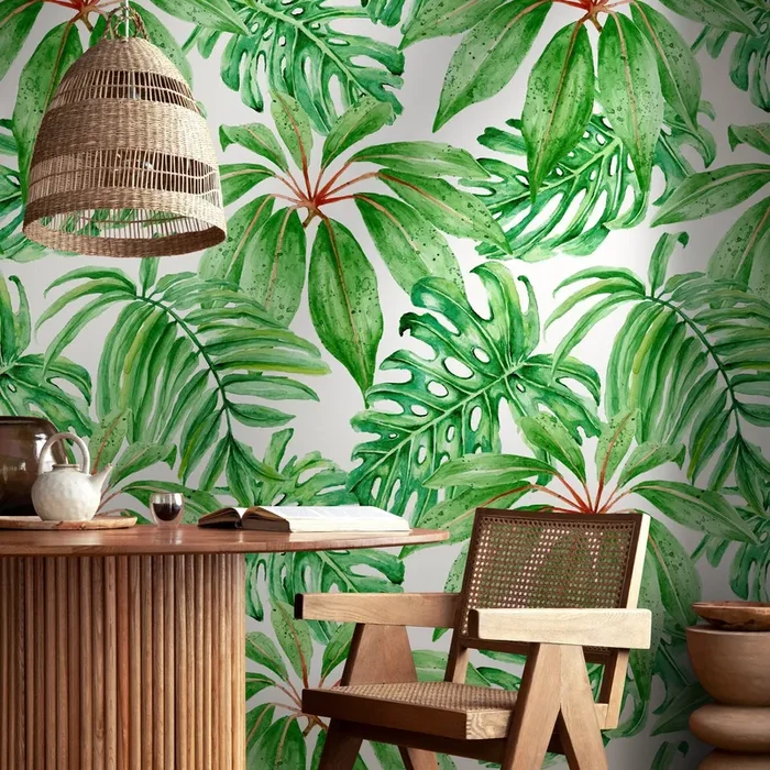 Botanical Wallpaper With Watercolor Monstera Leaves In Green And Red – A244