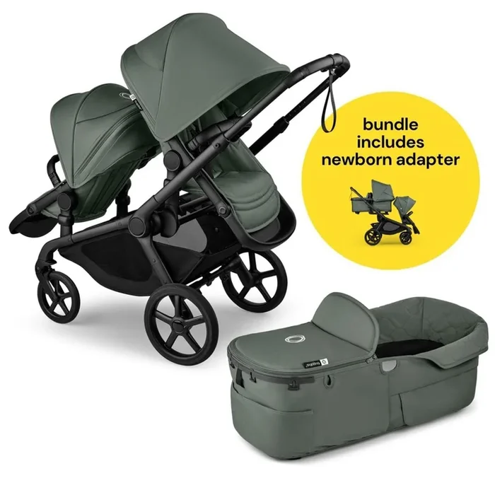 Bugaboo Kangaroo All-Position Newborn Double Stroller Bundle – Black / Forest Green / Forest Green