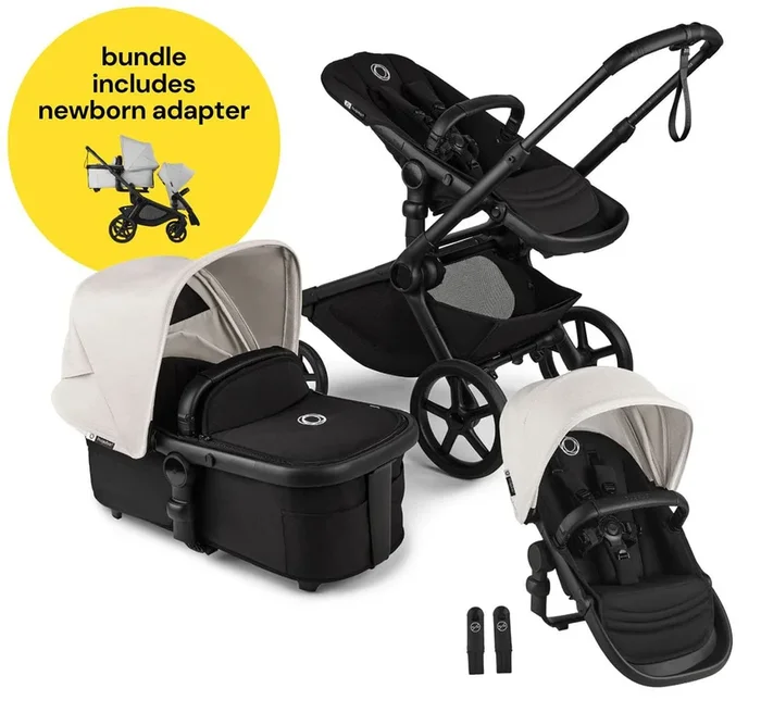 Bugaboo Kangaroo All-Position Newborn Double Stroller Bundle – Black / Midnight Black / Misty White