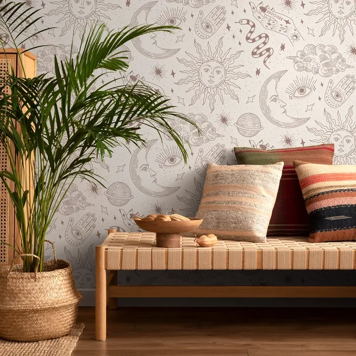 Celestial Wallpaper With Mystical Sun, Moon, And Hand Motifs In Beige And Dusty Rose – Zabl