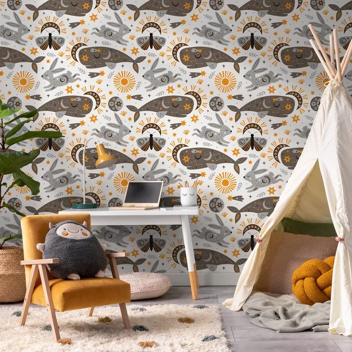 Celestial Wallpaper With Mystical Whales And Rabbits In Gray And Orange – Zacp