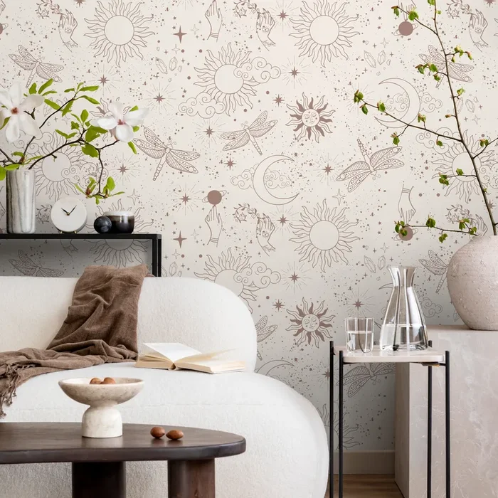 Celestial Wallpaper With Sun, Moon, And Dragonfly Motifs In Mauve – Zaav