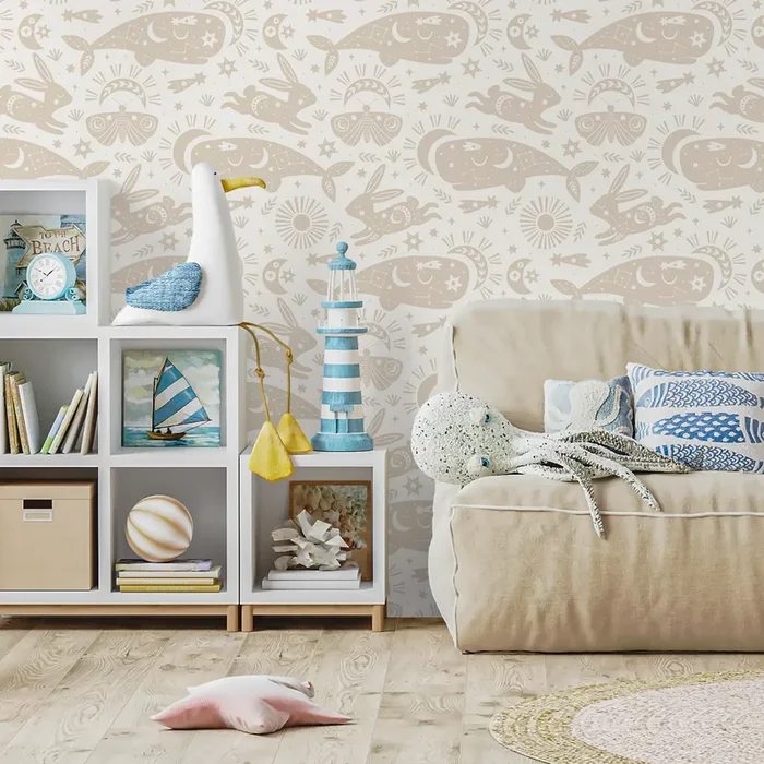 Celestial Wallpaper With Whimsical Animals In Neutral Beige – Zabe