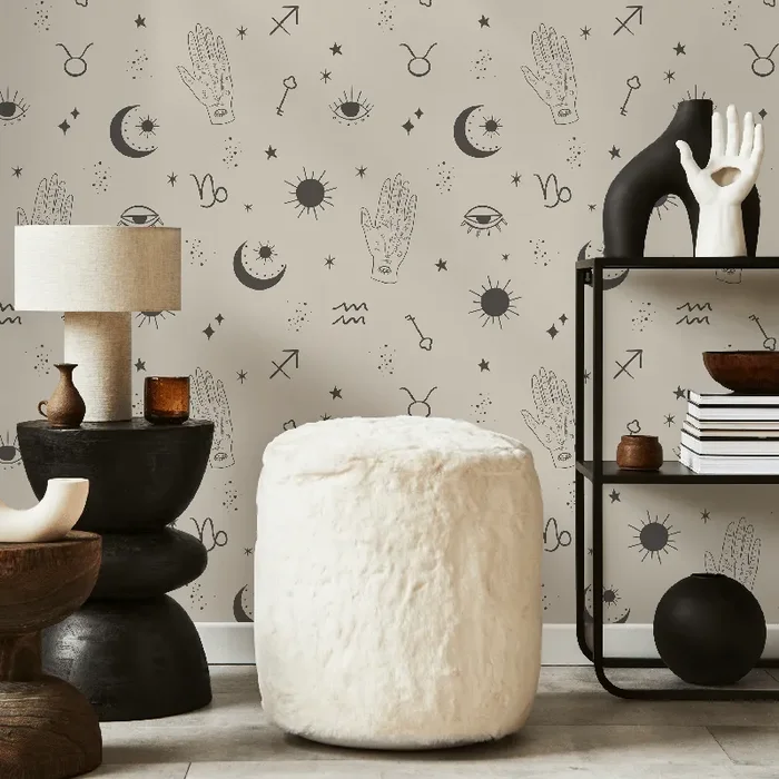 Celestial Wallpaper With Zodiac And Mystical Symbols In Charcoal And Beige – Zaau