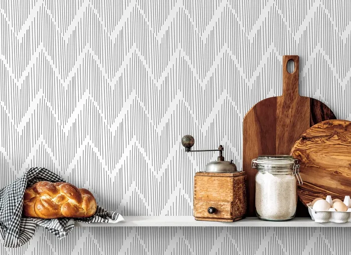 Chevron Wallpaper With A Hand-drawn Line Motif In Black – D001