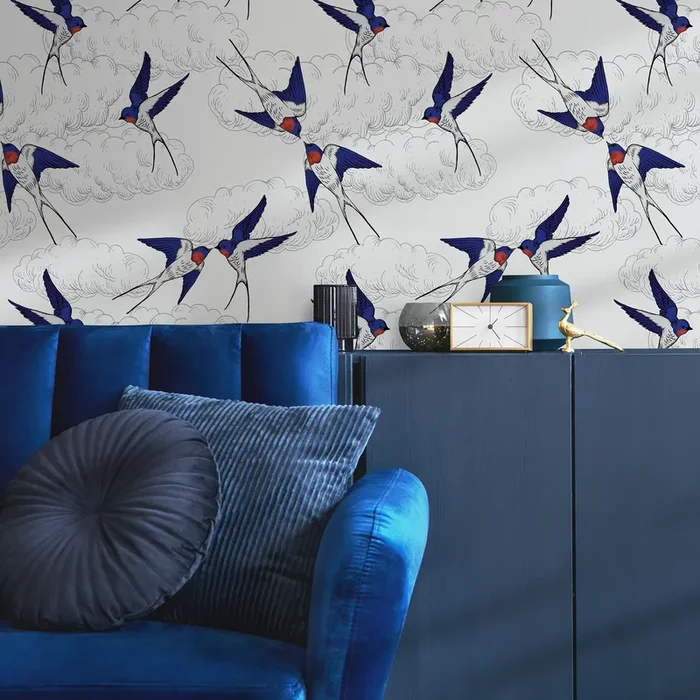 Chinoiserie Wallpaper Featuring Flying Swallows In Blue, Red, And Black – B369