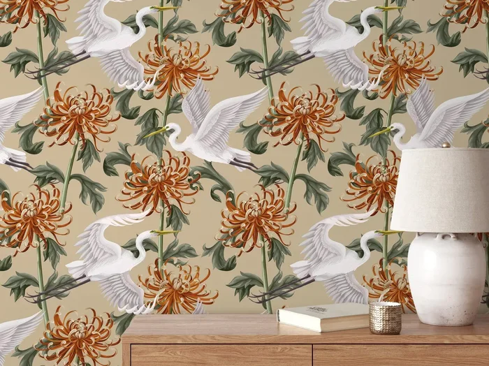 Chinoiserie Wallpaper With Cranes And Flowers In Orange, Green, And Beige – D263
