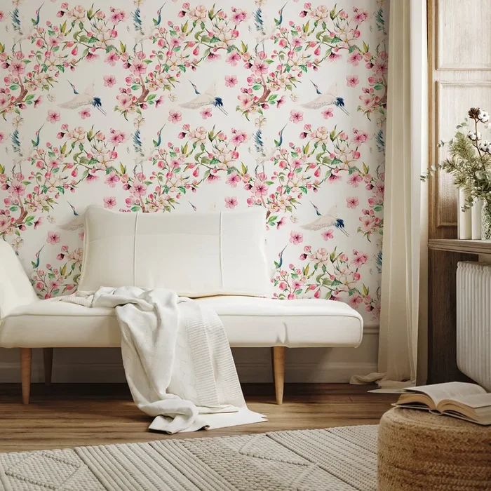 Chinoiserie Wallpaper With Cranes And Pink Blossoms – A219