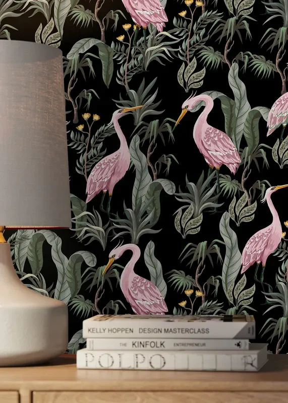 Chinoiserie Wallpaper With Elegant Cranes Amidst Tropical Leaves In Pink And Green – D123