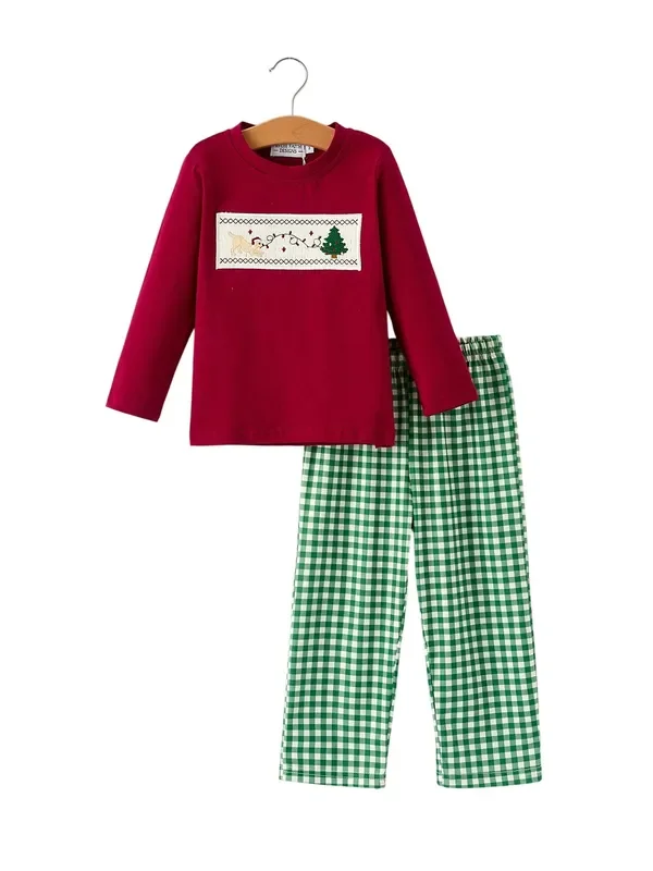 Christmas Tree Dog Smocking Embroidered Plaid Boys Set