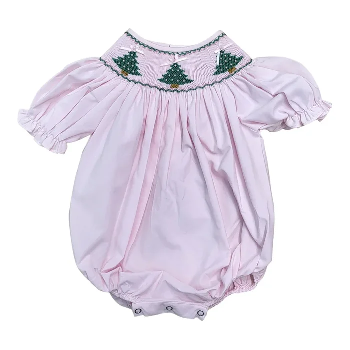 Christmas Tree Smocked Pink Bubble