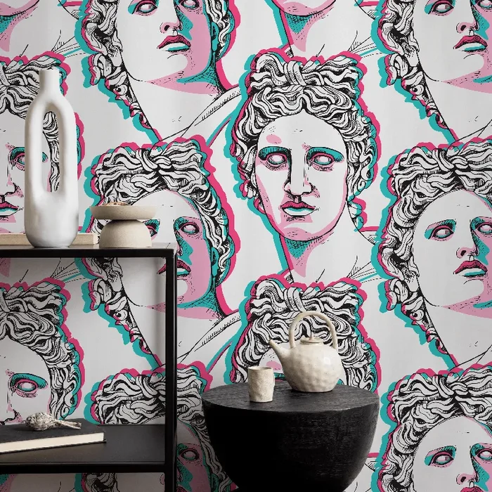 Classical Art Wallpaper With A Pop Art Glitch Effect In Pink, Cyan, And Black – D998