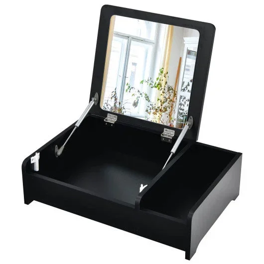 Compact Bay Window Makeup Dressing Table With Flip-Top Mirror-Black