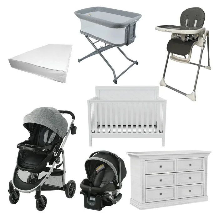 Complete Baby Room Kit: Stroller, Convertible Crib, High Chair, and Mattress.
