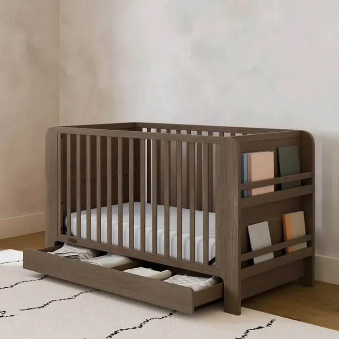 Convertible 4-in-1 Bookshelf Crib with Drawer – Hazelnut