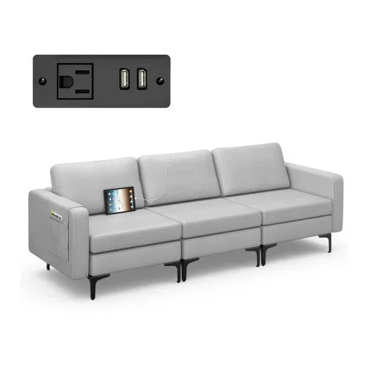 Convertible Leather Sofa Couch With Magazine Pockets 3-Seat With 2 USB Port-Light Gray