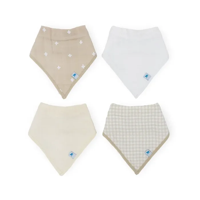 Cotton Muslin + Fleece Bandana Bib 4 Pack – Taupe Cross