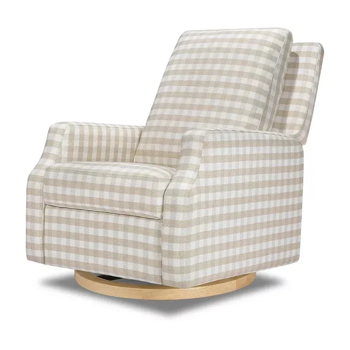 Crewe Recliner and Swivel Glider with Light Wood Base – Tan Gingham