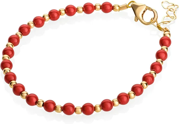 CRYSTAL DREAM 14KT GOLD FILLED BRACELET WITH RED PEARLS AND GOLD HEART CHARM