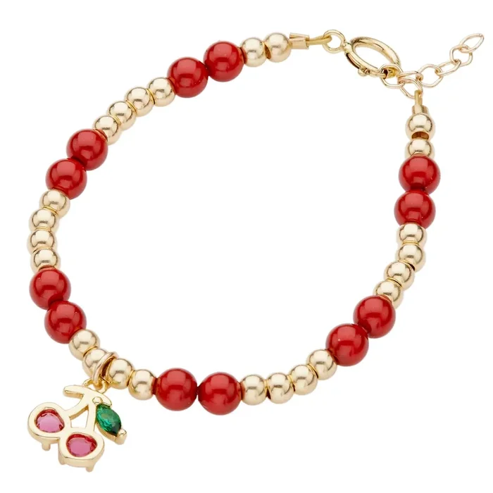 CRYSTAL DREAM RED PEARLS GOLD BEADS AND CHERRY CHARM