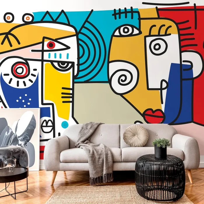 Cubism Wallpaper With Abstract Faces In Red, Yellow, And Blue – D569