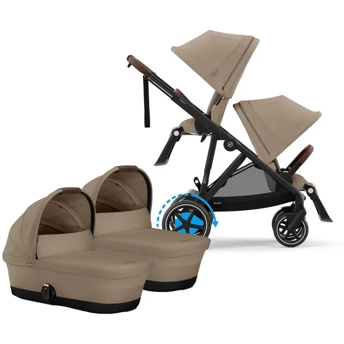 Cybex eGazelle S Electronic Assist Twin Stroller + Cot Bundle – Black Frame / Almond Beige