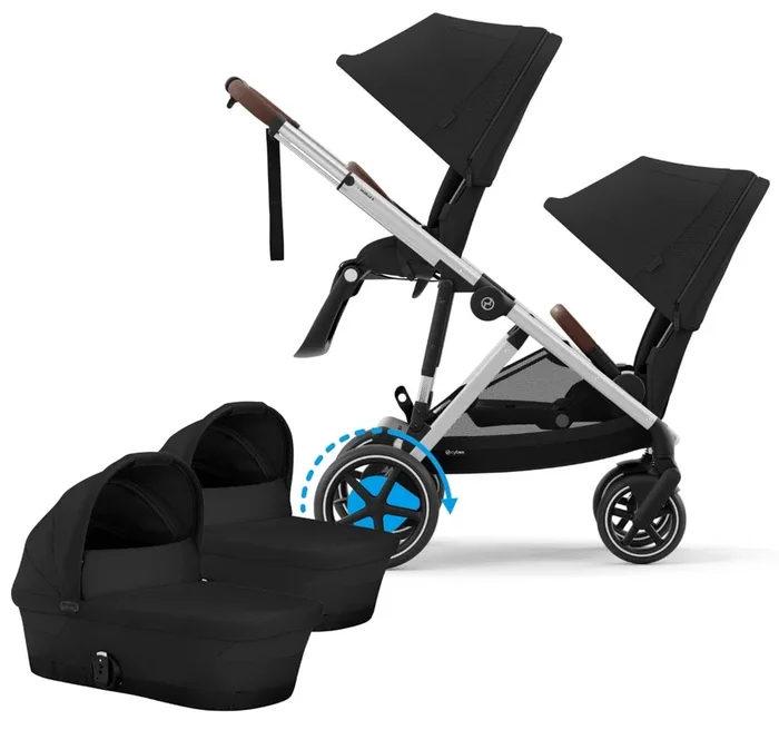 Cybex eGazelle S Electronic Assist Twin Stroller + Cot Bundle – Silver Frame / Moon Black