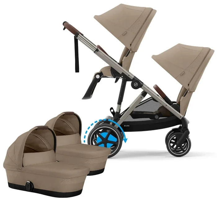 Cybex eGazelle S Electronic Assist Twin Stroller + Cot Bundle – Taupe Frame / Almond Beige