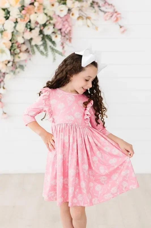 Dahlia Doodles 3/4 Sleeve Ruffle Twirl Dress