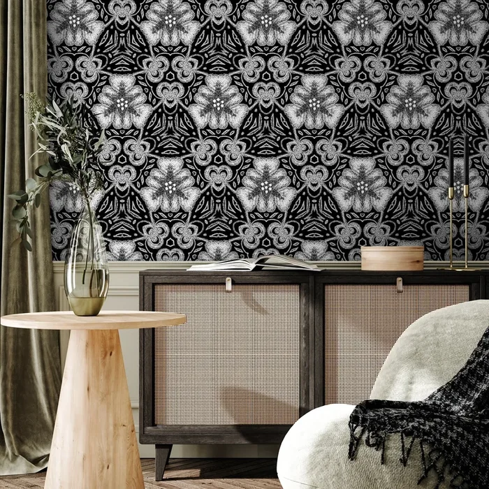 Damask Wallpaper With A Chalk-style Floral Motif In Black And White – X079