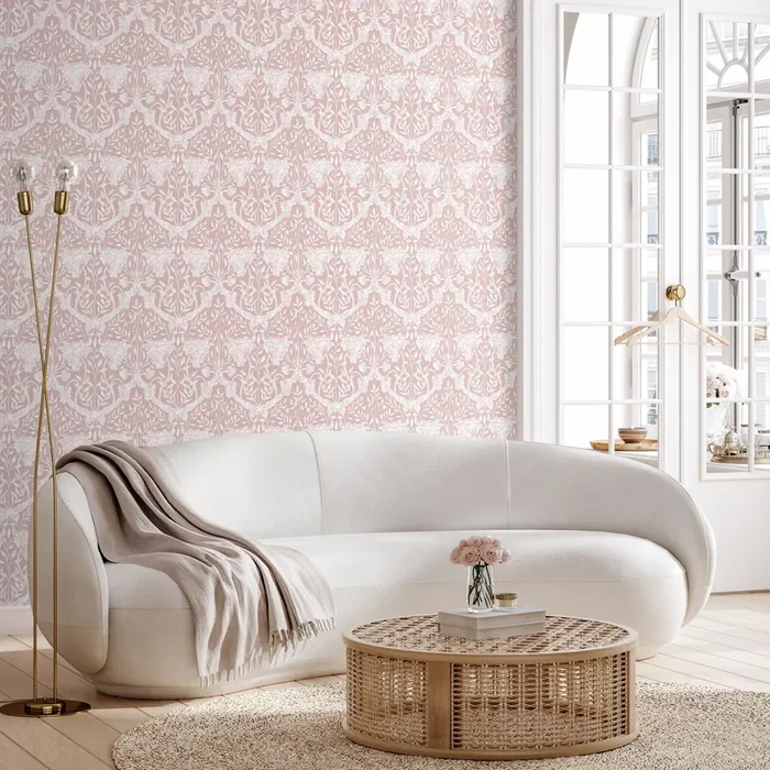 Damask Wallpaper With An Elegant Floral Motif In Pink And White – D950